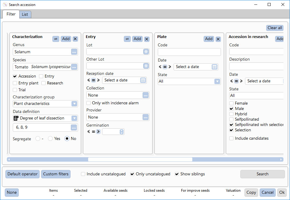 NOAH - Software mejora genética vegetal - Filtros para búsquedas complejas